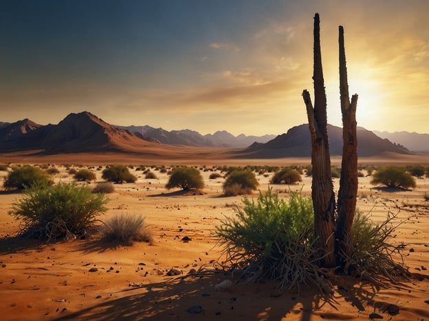 Auf dem Bild ist eine Landschaft zu sehen, die die majestätische Schönheit der Namib-Wüste widerspiegelt. Diese Wüste ist ein faszinierendes Ökosystem, geprägt von sanften Sanddünen, kargen Felsen und einer Vielzahl von Pflanzen, die sich an die extremen Bedingungen angepasst haben. Im Vordergrund sind ausgetrocknete, hohe Pflanzenstämme zu erkennen, umgeben von grünen Sträuchern und feinem Sand. Im Hintergrund erstrecken sich sanfte Berge, die durch das warme Licht der untergehenden Sonne in ein goldgelbes Licht getaucht werden. Die Namib-Wüste bietet eine eindrucksvolle Kulisse, die das Überleben und die Anpassungsfähigkeit der Flora in einem so rauen Klima symbolisiert.