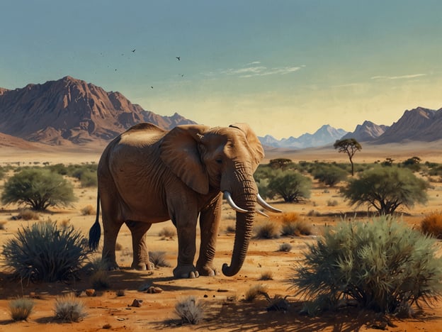 Auf dem Bild ist ein Elefant in einer wüstenähnlichen Landschaft mit Bergen im Hintergrund zu sehen. 

**Praktische Tipps für deinen Namibia-Trip:**

1. **Reisezeit:** Die beste Reisezeit ist von Mai bis Oktober, wenn das Wetter trocken und die Temperaturen angenehm sind.

2. **Wilder Safari:** Plane mindestens einige Tage in einem Nationalpark, z.B. Etosha, um die Tierwelt hautnah zu erleben.

3. **Transport:** Miete ein Geländewagen, um die abgelegenen Gebiete besser erreichen zu können. Einige Straßen sind nur mit einem robusten Fahrzeug befahrbar.

4. **Unterkünfte:** Buche Unterkünfte im Voraus, besonders in der Hochsaison. Campingplätze sind eine gute und kostengünstige Option.

5. **Sonnencreme und Wasser:** Denke daran, genügend Sonnencreme mitzunehmen und ausreichend Wasser zu trinken, besonders in den heißen Monaten.

6. **Kultur:** Besuche lokale Dörfer, um mehr über die verschiedenen ethnischen Gruppen und ihre Traditionen zu erfahren.

7. **Sicherheit:** Sei vorsichtig in städtischen Gebieten und achte darauf, Wertsachen sicher aufzubewahren.

Diese Tipps helfen dir, das Beste aus deinem Namibia-Abenteuer herauszuholen!