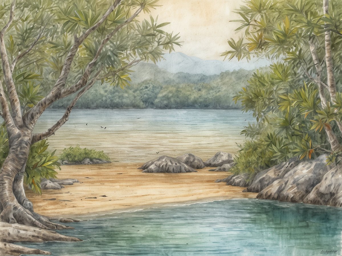 Eine ruhige Bucht mit klarem Wasser ist umgeben von üppigem Grün und Mangroven. Auf der linken Seite sind dicke, verwachsene Mangrovenbäume abgebildet, deren Wurzeln ins Wasser ragen. Der Sandstrand im Vordergrund ist sanft geschwungen und wird von einigen kleinen Steinen gesäumt. Im Hintergrund erstrecken sich sanfte Hügel, die mit dichter Vegetation bedeckt sind. Mehrere Vögel sind am Himmel zu sehen, die zur friedlichen Atmosphäre der Umgebung beitragen. Das Gesamtbild vermittelt ein Gefühl von Ruhe und Naturverbundenheit, ideal für Vogelbeobachtungen.