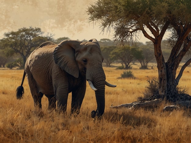 Auf dem Bild ist ein majestätischer Elefant zu sehen, der in der weiten, goldenen Savanne des Kruger Nationalparks umherstreift. Umgeben von vereinzelten Bäumen und der typischen afrikanischen Landschaft zeigt es die reiche Tierwelt und das Abenteuer eines Safari-Erlebnisses in dieser beeindruckenden Umgebung.