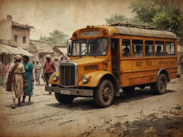 Auf dem Bild ist ein leuchtend gelber Bus zu sehen, der durch eine belebte Straße fährt. Die Umgebung wirkt ländlich und könnte auf eine kleinere Stadt oder ein Dorf hinweisen. Die Menschen um den Bus herum tragen traditionelle Kleidung und bewegen sich geschäftig durch die Straße, was auf eine lebhafte Gemeinschaft hinweist.

Dieser Bus könnte ein Symbol für Mobilität und die Vernetzung von Gemeinden in verschiedenen Kulturen sein. In vielen Ländern werden Busse oft als Hauptverkehrsmittel genutzt, um Menschen zu verbinden und den Zugang zu Schulen, Arbeitsplätzen und Märkten zu ermöglichen. 

Die Darstellung der Menschen und des Busses reflektiert die kulturelle Vielfalt und die historischen Entwicklungen in vielen Regionen, wo der öffentliche Verkehr eine bedeutende Rolle beim sozialen und wirtschaftlichen Ausgleich spielt. Diese Aspekte zeigen, wie Mobilität nicht nur physische Bewegung, sondern auch den Austausch von Kulturen und Ideen ermöglicht.