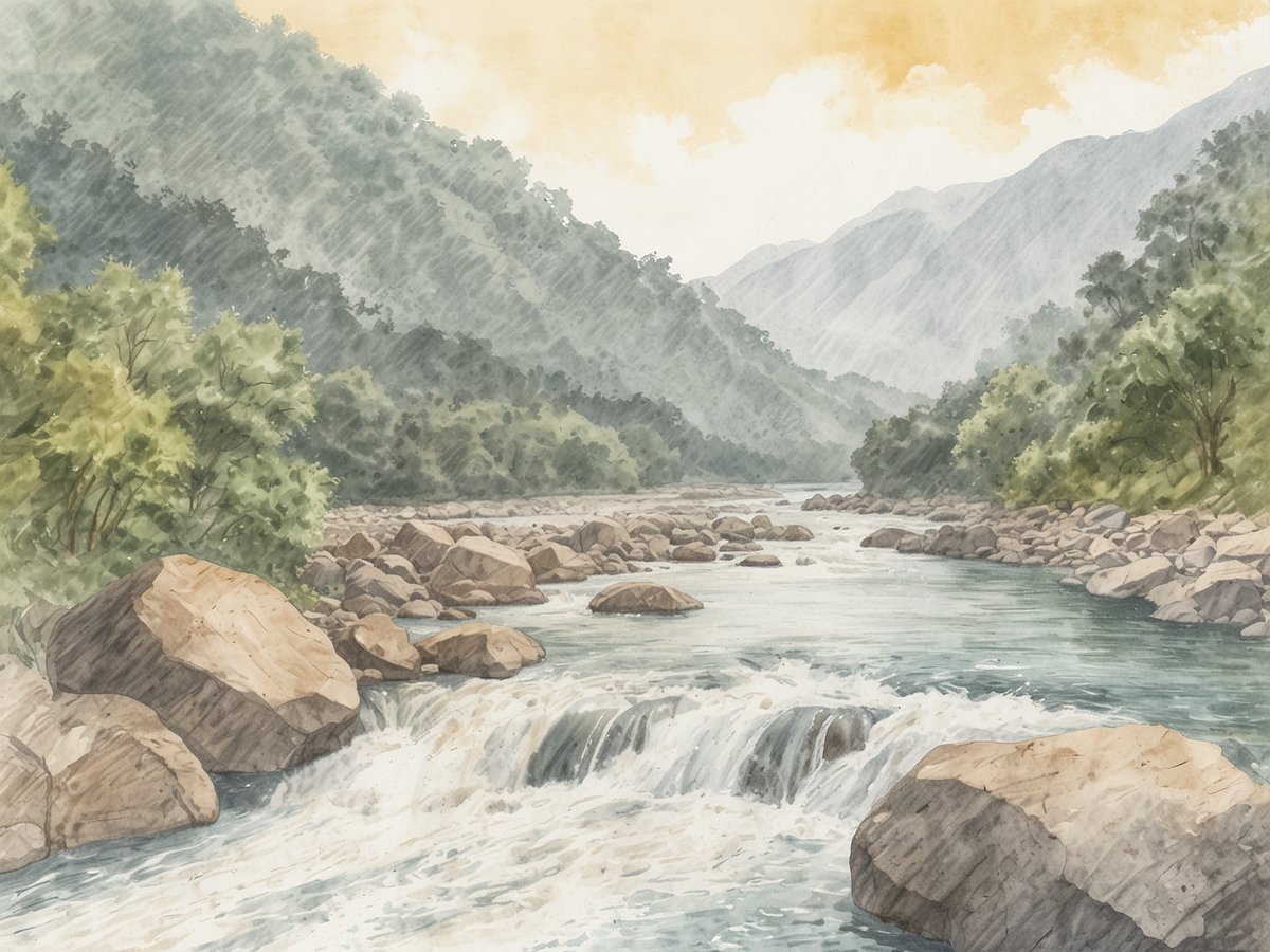 Der Cangrejal Fluss fließt durch eine malerische Landschaft mit fließendem Wasser und glatten Steinen. Umgeben von üppigen, grünen Bäumen und sanften Hügeln erstreckt sich eine ruhige, natürliche Szenerie. Im Hintergrund erheben sich sanfte Berge unter einem bewölkten Himmel. Die Wasseroberfläche glitzert im Licht, während kleine Strömungen über die Felsen laufen. Diese Szenerie bietet eine perfekte Kulisse für Wildwasser-Rafting und Abenteuer bei La Ceiba.