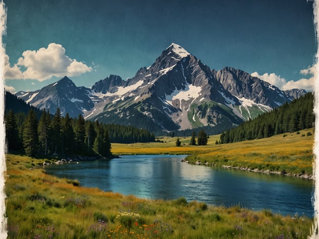 Auf dem Bild ist eine malerische Hochlandlandschaft zu sehen. Im Vordergrund fließt ein ruhiger Fluss, umgeben von saftigem, grünem Gras und bunten Wildblumen. Im Hintergrund erheben sich majestätische Berge, die teilweise mit Schnee bedeckt sind, unter einem blauen Himmel mit wenigen Wolken. Diese Szenerie lädt zu Naturerlebnissen ein, wie Wandern in den Bergen, Angeln im Fluss oder einfach das Genießen der atemberaubenden Aussicht und der friedlichen Atmosphäre der Natur.