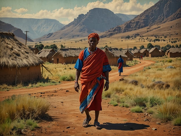 Auf dem Bild ist eine traditionelle ländliche Szene aus der Lebensweise der Basotho zu sehen. Im Vordergrund befindet sich ein Mann, der in einer typischen Kleidung, wahrscheinlich einem Basotho-Poncho oder einer ähnlichen Tracht, geht. Die Umgebung zeigt traditionelle Lehmhäuser mit Strohdächern, die in einer malerischen, bergigen Landschaft liegen. Diese Architektur und das alltägliche Leben reflektieren die Kultur und die Traditionen der Basotho, deren Lebensstil stark mit der Natur und der Gemeinschaft verbunden ist. Die sanften Hügel und die weite Landschaft unterstreichen die Ideale des ländlichen Lebens in Lesotho.