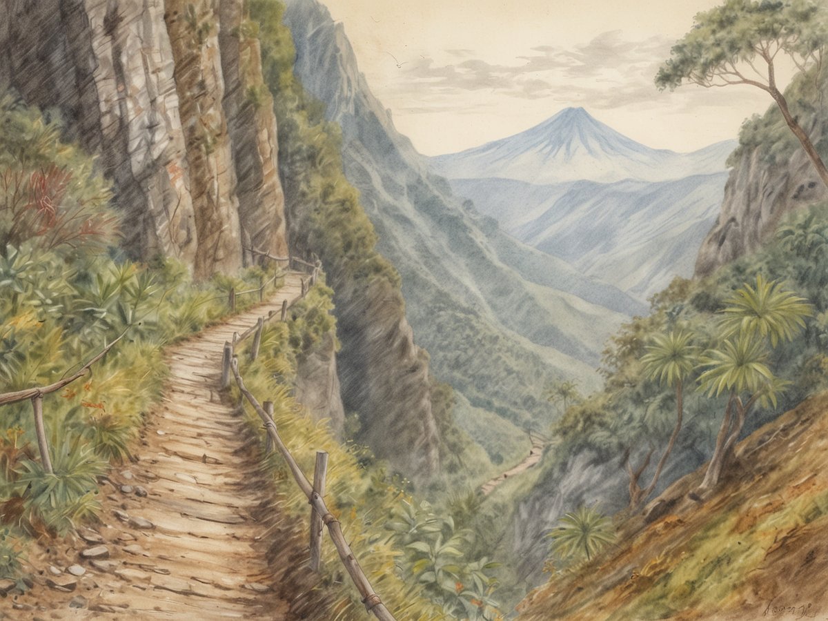 Eine malerische Ansicht des Lenca Trails im Hochland zeigt einen schmalen Holzweg, der sich entlang steiler Felswände schlängelt. Der Weg ist von üppigem Grün umgeben, das durch tropische Pflanzen und Sträucher ergänzt wird. Im Hintergrund erhebt sich majestätisch ein Vulkangipfel, umgeben von sanften Hügeln und schattigen Tälern. Der Himmel ist bewölkt und verleiht der Szene eine ruhige, nahezu mystische Atmosphäre.