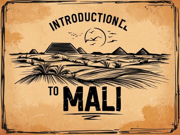 Auf dem Bild ist eine Illustrationen, die eine Wüstenlandschaft darstellt, begleitet von dem Text "Introduction to Mali". Mali, ein Land in Westafrika, ist bekannt für seine beeindruckenden Wüstenregionen, insbesondere die Sahara, die einen großen Teil des Landes einnimmt. Die Wüstenlandschaften sind geprägt von Sanddünen, Felsen und gesprenkelter Vegetation. Diese Landschaften haben nicht nur eine einzigartige Schönheit, sondern sind auch Lebensraum für verschiedene Tierarten und Heimat vieler traditioneller Kulturen. Mali spielt eine wichtige Rolle in der Geschichte und Kultur der Sahelregion, und die Wüste ist ein bedeutender Teil seiner Identität.