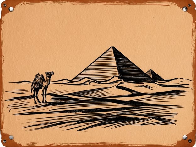 Auf dem Bild ist eine stilisierte Darstellung, die die Wüste Sahara und ihre majestätischen Merkmale zeigt. Im Vordergrund sieht man ein Kamel, das in der sandigen Landschaft steht. Im Hintergrund erheben sich die berühmten Pyramiden, die als Wahrzeichen der Region bekannt sind. Diese Szene evoziert das Gefühl eines unvergesslichen Abenteuers in der Wüste Sahara, wo man die beeindruckende Natur und die kulturellen Schätze entdecken kann.