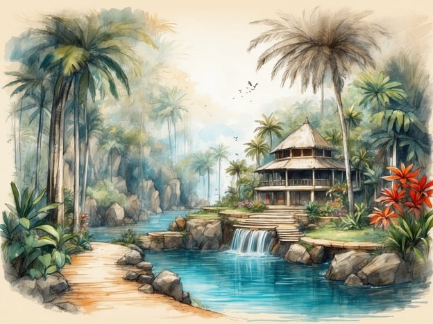 Auf dem Bild ist eine tropische Landschaft zu sehen, die mit üppigen Palmen und bunten Pflanzen geschmückt ist. In der Mitte befindet sich ein Haus im traditionellen Stil, umgeben von einer ruhigen Wasserfläche und einem Wasserfall. 

Besonderheiten eines Tropen-Aquariums sind:

1. **Vielfalt der Fische**: Tropen-Aquarien zeichnen sich durch eine große Vielfalt an bunten und exotischen Fischen aus, die oft in lebhaften Schwärmen schwimmen.
  
2. **Bepflanzung**: Viele tropische Aquarien nutzen lebende Pflanzen, die den Fischen Versteckmöglichkeiten bieten und das Erscheinungsbild verbessern.

3. **Wassertemperatur**: Die Wassertemperatur muss konstant warm gehalten werden, typischerweise zwischen 24 und 28 Grad Celsius.

4. **Künstliche Strukturen**: Höhlen und Felsen werden oft hinzugefügt, um natürliche Lebensräume nachzuahmen und den Fischen Bewegungsspielraum zu geben.

5. **Lichtverhältnisse**: Die Beleuchtung spielt eine wichtige Rolle, um das Wachstum der Pflanzen zu fördern und die Farben der Fische hervorzuheben.

Insgesamt spiegelt die Darstellung des Bildes die exotische und lebendige Atmosphäre wider, die man auch in einem Tropen-Aquarium finden kann.