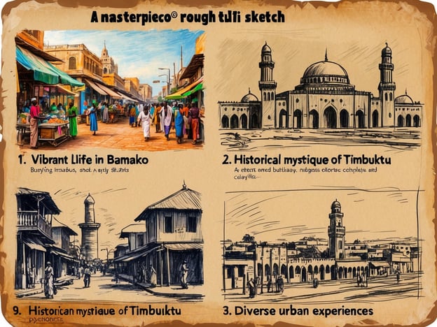 Auf dem Bild sind verschiedene Darstellungen von Städten in Mali zu sehen. 

1. **Lebhaftes Leben in Bamako**: Die obere Illustration zeigt den pulsierenden Markt in Bamako, wo Menschen lebhaft interagieren und verschiedene Waren anbieten, was das geschäftige Treiben der Hauptstadt widerspiegelt.

2. **Historisches Timbuktu**: Die nächste Skizze stellt die mystische Atmosphäre von Timbuktu dar, bekannt für seine historische Bedeutung und kulturelle Erbe, mit beeindruckender Architektur.

3. **Vielfältige Stadtlandschaften**: Eine weitere Darstellung fokussiert sich auf die unterschiedlichen städtischen Landschaften Mali