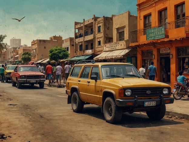 Auf dem Bild ist eine lebhafte Straßenszene in Dakar, der pulsierenden Hauptstadt Senegals, zu sehen. Gelbe und rote Autos stehen auf einer breiten Straße, während Fußgänger in bunten Kleidern an den Seiten entlanggehen. Die Gebäude im Hintergrund strahlen ein typisches Stadtbild aus, mit bunten Fassaden und Geschäften, die eine einladende Atmosphäre schaffen. Diese vielfältigen visuellen Eindrücke fangen das lebendige Leben und die Energie von Dakar wunderbar ein.