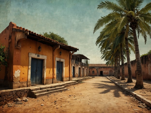 Das Bild zeigt eine malerische Straße mit orangefarbenen Gebäuden, blauen Türen und Palmen, die an eine tropische Umgebung erinnern. Solche Szenen sind typisch für die Île de Gorée, eine kleine russische Insel vor der Küste Senegals, die eine bedeutende Geschichte in Bezug auf den transatlantischen Sklavenhandel hat.

Die Insel war während des 18. und 19. Jahrhunderts ein wichtiger Handelsplatz. Hier befanden sich zahlreiche Sklavenhäuser, in denen versklavte Menschen gefangen gehalten wurden, bevor sie verkauft und in die Neue Welt verschifft wurden. Heute gilt die Île de Gorée als ein Symbol des Gedenkens und der Reflexion über das Erbe der Sklaverei. Die kulturellen und architektonischen Elemente, die man auf der Insel findet, sind Zeugnisse dieser bewegten Geschichte.