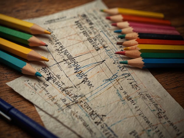 Auf dem Bild sind Buntstifte in verschiedenen Farben sowie ein altes Blatt Papier zu sehen, auf dem möglicherweise handschriftliche Notizen oder Zeichnungen vermerkt sind. 

**Praktische Hinweise für deinen Aufenthalt:**

1. **Materialien bereitstellen:** Wenn du kreativ arbeiten möchtest, stelle sicher, dass du genügend Buntstifte oder andere Schreibmaterialien dabei hast.

2. **Arbeitsplatz einrichten:** Suche dir einen ruhigen Platz mit ausreichend Licht, um konzentriert arbeiten zu können.

3. **Notizen anfertigen:** Halte wichtige Informationen oder Ideen fest, um sie später leichter wiederfinden zu können.

4. **Inspiration suchen:** Lass dich von deiner Umgebung inspirieren und notiere interessante Gedanken oder Beobachtungen.

5. **Pausen einplanen:** Plane regelmäßige Pausen ein, um deine Kreativität aufzufrischen und dich zu erholen.