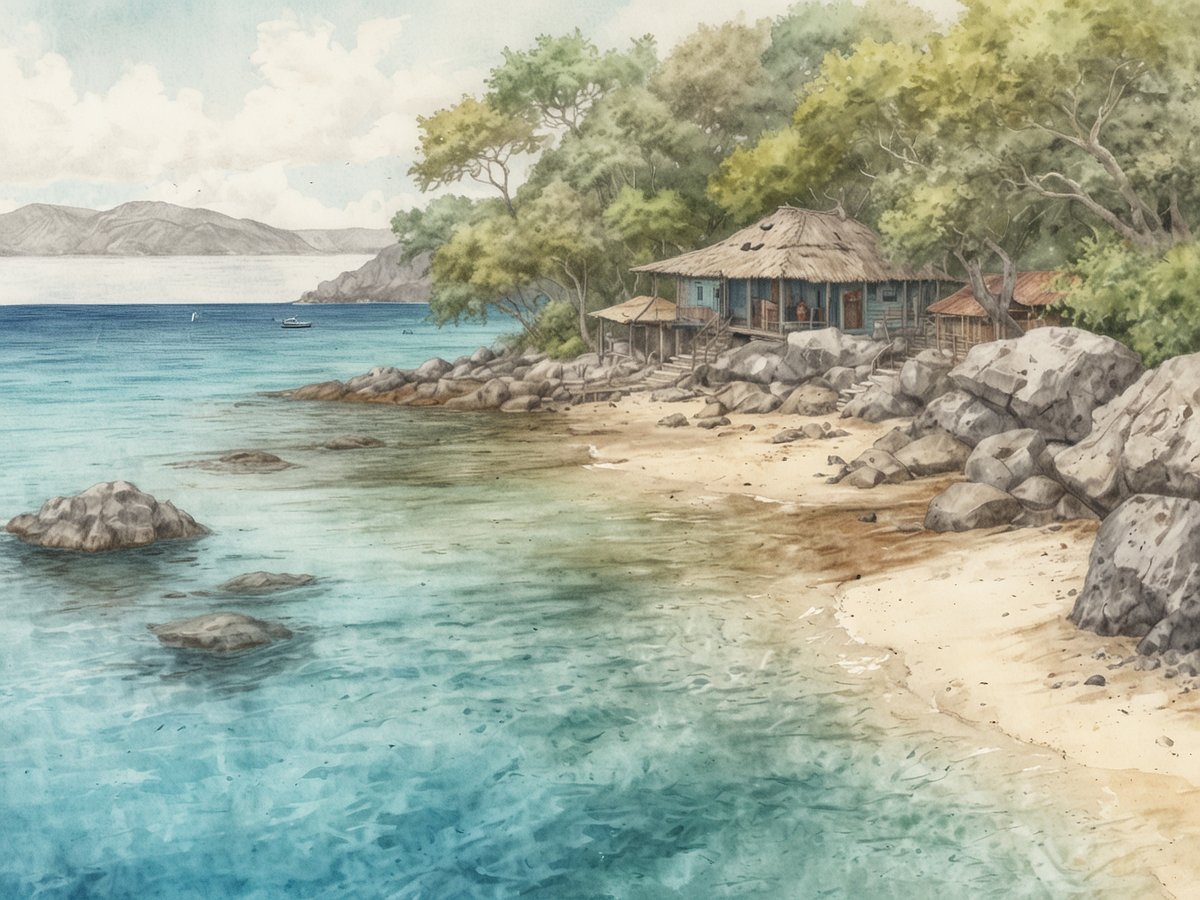 Ein malerischer Küstenabschnitt mit klarem, türkisfarbenem Wasser, das sanft an einen feinen Sandstrand spült. Im Hintergrund ist eine traditionelle Holzhütte mit einem Strohdach zu sehen, umgeben von üppigem Grün und Baumkronen. Einige Felsen liegen verstreut im Wasser und am Ufer, während im Hintergrund sanfte Hügel und ein blauer Himmel mit wenigen Wolken sichtbar sind. Diese Szenerie lädt zu Aktivitäten wie Schnorcheln und Tauchen in den unberührten Koralleninseln ein.