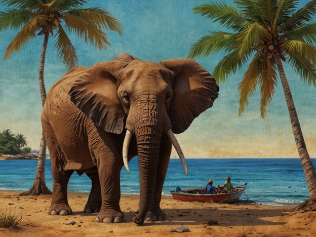 Auf dem Bild ist ein majestätischer Elefant zu sehen, der an einem Strand steht, umgeben von Palmen. Im Hintergrund erstreckt sich das Meer, und in der Nähe sitzt ein kleines Boot, in dem zwei Personen rudern. 

Gambia bietet eine faszinierende Natur und Tierwelt, die oft als Kulisse für solche Szenen dient. Die afrikanische Landschaft ist geprägt von einer reichen Biodiversität, einschließlich der beeindruckenden Elefanten, die in mehreren Nationalparks des Landes heimisch sind. Gambia ist bekannt für seine schönen Strände und tropischen Pflanzen, die dem Bild eine idyllische Atmosphäre verleihen.