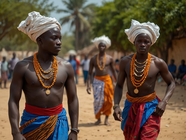 Auf dem Bild sind mehrere Männer zu sehen, die traditionelle Kleidung tragen, was auf eine kulturelle oder festliche Versammlung hinweisen könnte. Die Männer haben aufwendig gestaltete Kopfbedeckungen und tragen verschiedene farbige Tücher, die oft bei Feierlichkeiten oder Tänzen Verwendung finden.

Musik und Tanz sind häufig zentrale Ausdrucksformen in vielen Kulturen, insbesondere während solcher traditionellen Anlässe. Die beschriebenen Personen könnten an einer Tanzaufführung oder einem Ritual teilnehmen, das oft von musikalischen Darbietungen begleitet wird. Diese kulturellen Praktiken dienen der Gemeinschaftsbindung, dem Feiern von Geschichten und dem Ausdruck von Identität.