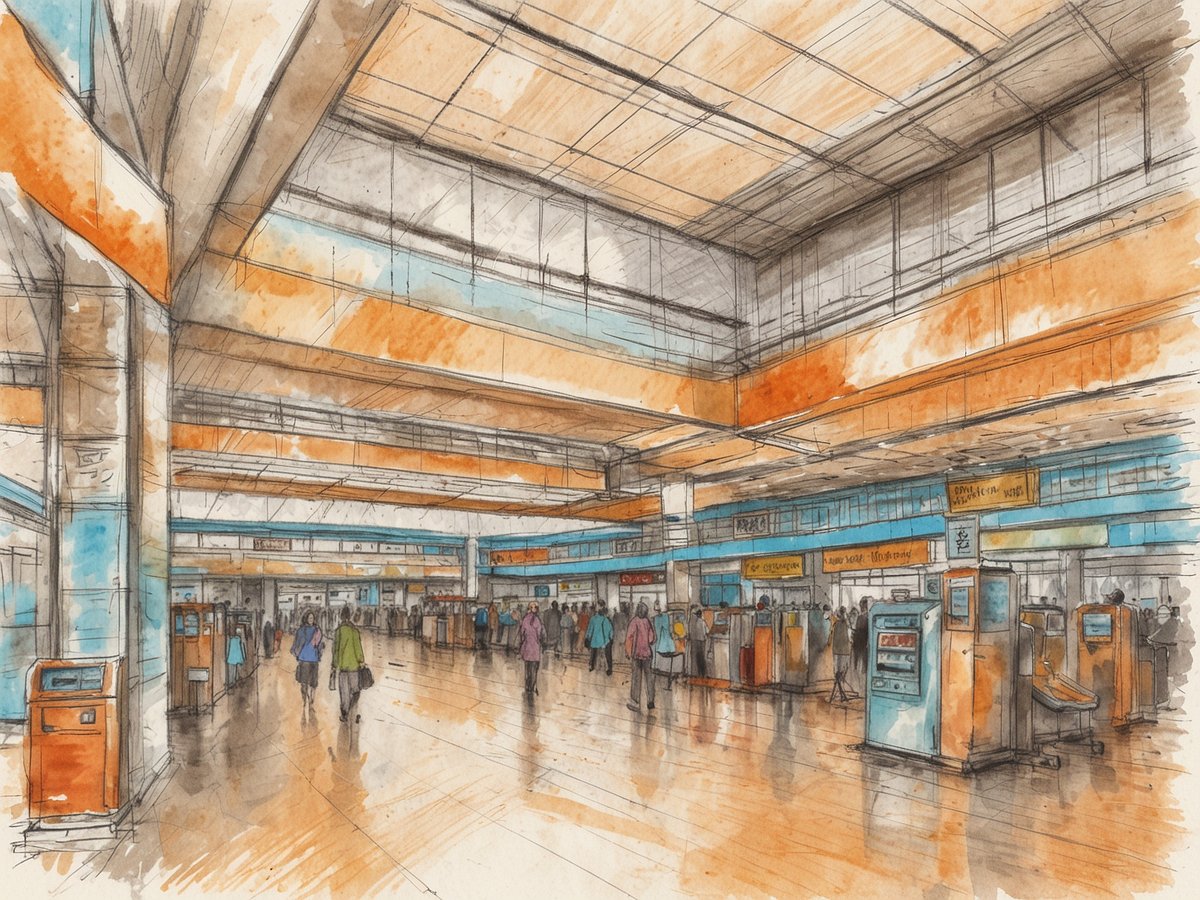 Ein moderner Flughafensaal mit mehreren Schaltern und Anzeigetafeln, an denen Passagiere einchecken. Die Architektur ist hell und einladend, mit großen Fenstern und einem offenen Raum, der von warmen Farben geprägt ist. Viele Menschen bewegen sich durch den Raum, einige stehen in Schlangen. Der Boden ist glänzend und spiegelt das Licht wider. In der Mitte befinden sich orangefarbene und hellblaue Elemente, die dem Raum einen freundlichen Charakter verleihen.