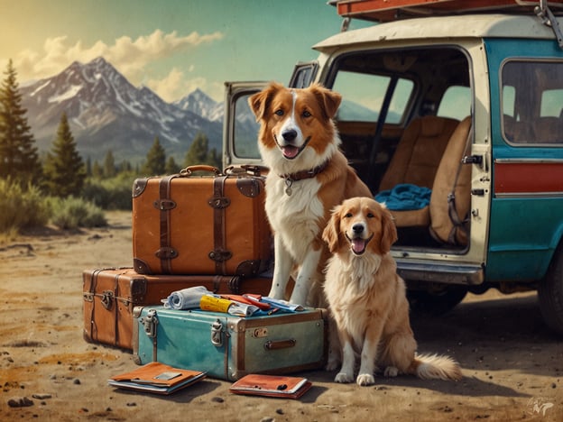 Auf dem Bild sieht man zwei Hunde, die vor einem bunt lackierten Auto stehen, welches mit Gepäckstücken beladen ist. Im Hintergrund sind Berge und Bäume zu sehen, was auf eine Naturlandschaft hinweist. Diese Szene vermittelt ein Gefühl von Abenteuer und Reisen, ideal für die Vorbereitung auf den Urlaub mit deinen tierischen Freunden. Die Hunde strahlen Freude aus, als ob sie bereit sind, gemeinsam auf Entdeckungstour zu gehen. Es ist ein perfekter Moment, um die Reisevorbereitungen zu genießen und sich auf schöne Erlebnisse zu freuen.