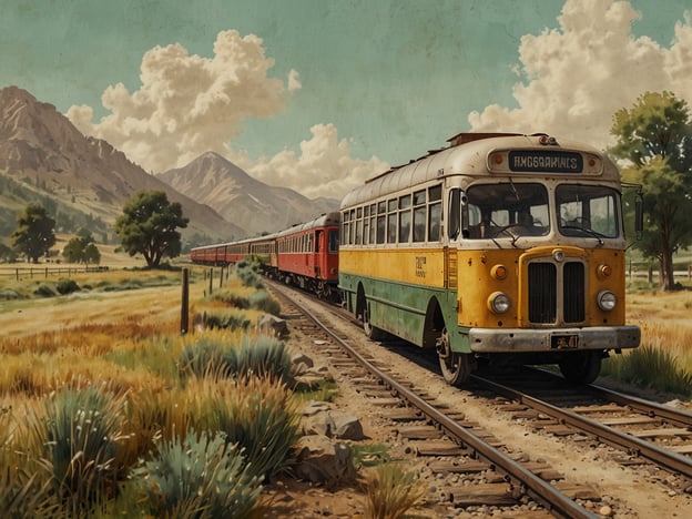 Auf dem Bild ist ein bunter Bus zu sehen, der auf einer Eisenbahnlinie entlangfährt. Im Hintergrund erstrecken sich sanfte Hügel und Berge unter einem strahlend blauen Himmel mit einigen Wolken. Die Umgebung wirkt ländlich und idyllisch, mit Wiesen und Bäumen. Das Bild vermittelt ein Gefühl von Nostalgie und Abenteuer, was an die Freuden der Rückkehr nach Hause erinnert.