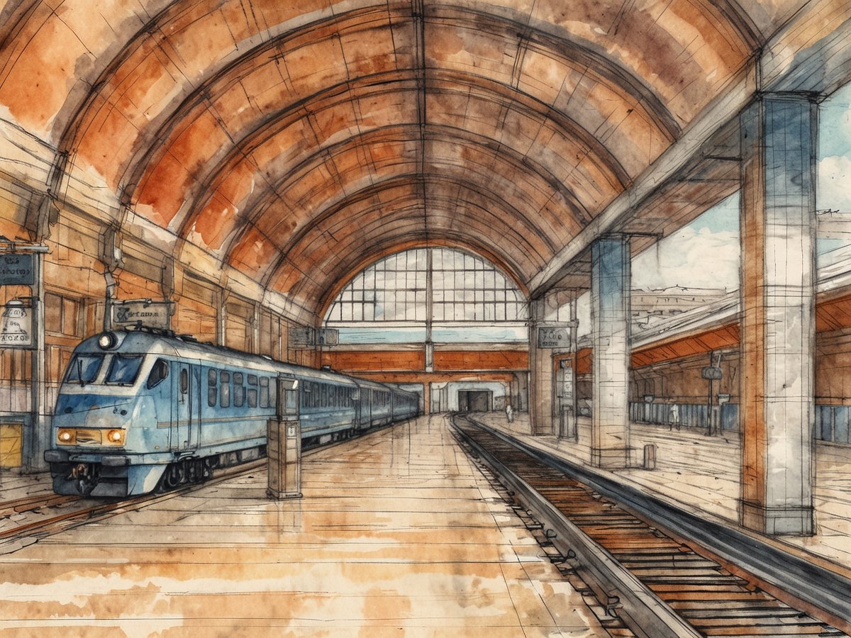 Eine Wasserfarbenzeichnung eines Bahnhofs mit einem blauen Zug, der auf dem Gleis steht. Der Innenraum ist weitläufig mit hohen Bögen und großen Fenstern, die Tageslicht hereinlassen. Die Wände sind aus Stein, und der Boden ist hell und glänzend. Es sind einige Säulen sichtbar, und im Hintergrund sind weitere Gleise zu erkennen.