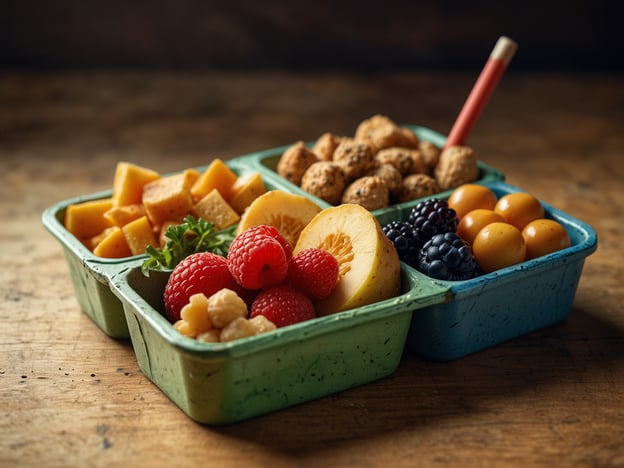 Auf dem Bild sind mehrere kleine Schalen mit gesunden Snacks zu sehen. In den Schalen befinden sich frisches Obst wie Himbeeren, Brombeeren, Aprikosen und Stücke von Ananas, sowie einige kleine Käsewürfel und knusprige Snacks. Diese Art der Präsentation eignet sich hervorragend für eine gesunde Ernährung unterwegs, da sie nährstoffreiche Optionen bietet, die leicht zu transportieren und zu essen sind. Solche Snacks sind ideal für den kleinen Hunger zwischendurch und tragen zu einer ausgewogenen Ernährung bei.