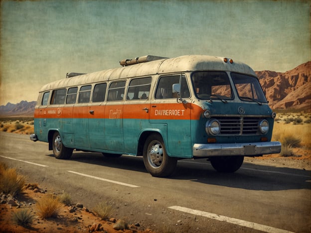 Auf dem Bild ist ein alter, farbenfroher Bus zu sehen, der auf einer Straße in einer Wüstenlandschaft steht. Die Farbe des Busses ist eine Kombination aus Türkis und Orange, mit einem gewellten Dach und rustikalen Details. Die Umgebung besteht aus trockener, sandiger Erde und Hügeln im Hintergrund. 

Denke daran, beim Fahren immer sicherheitsbewusst zu sein. Trage deinen Sicherheitsgurt, halte dich an die Verkehrsregeln und achte auf andere Verkehrsteilnehmer.