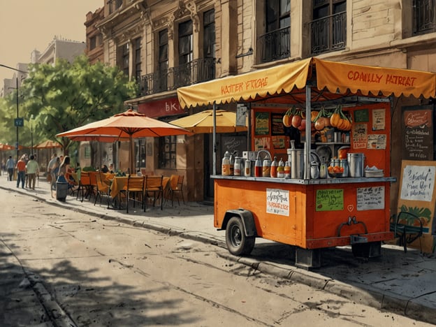 Auf dem Bild ist ein farbenfroher Straßenstand zu sehen, der verschiedene Getränke und Snacks verkauft. Der Stand ist orange und hat eine Markise, die Schutz vor der Sonne bietet. Um den Stand herum sind Tische mit orangefarbenen Sonnenschirmen aufgestellt, an denen Menschen sitzen und sich unterhalten.

Die Szenerie vermittelt ein gemütliches und einladendes Ambiente, ideal für eine Pause während einer Erkundungstour in der Stadt. Solche Straßenstände sind eine großartige Möglichkeit, lokale Spezialitäten zu probieren und das Leben vor Ort zu erleben, während man auf Reisen ist.