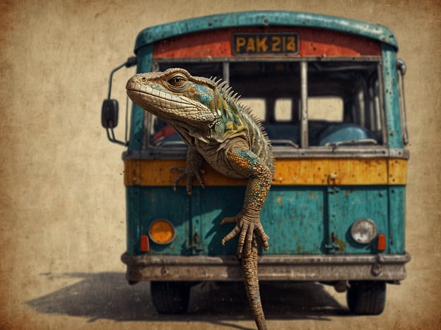 Auf dem Bild ist eine Echse zu sehen, die aus einem alten, bunten Bus heraus schaut. Der Bus hat Roststellen und zeigt eine abgenutzte, nostalgische Optik. 

Beim Transport der Echse solltest du Folgendes beachten:

1. **Sicherheit**: Stelle sicher, dass die Echse sicher verstaut ist, um Verletzungen zu vermeiden.
2. **Temperatur**: Behüte sie vor extremen Temperaturen, da Echsen wechselwarm sind.
3. **Platz**: Achte darauf, dass sie ausreichend Raum zum Bewegen hat, um Stress zu vermeiden.
4. **Wasser**: Sorge für eine angemessene Wasserversorgung, um eine Dehydrierung zu verhindern.

Diese Punkte sind wichtig, um das Wohlbefinden der Echse während des Transports zu gewährleisten.