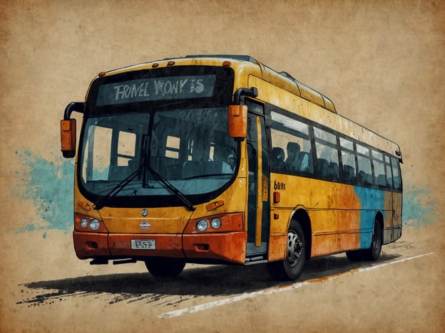 Auf dem Bild ist ein gelber Reisebus zu sehen, der auf einer Straße fährt. Der Bus hat eine künstlerische, illustrativ angehauchte Darstellung mit leichten Farbverläufen.