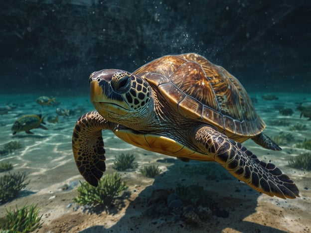 In diesem Bild sehen wir eine majestätische Schildkröte, die elegant durch das klaren Wasser schwimmt. Umgeben von einer vielfältigen Unterwasserwelt und sanften Pflanzen vermittelt es einen Eindruck von Ruhe und Harmonie. 

Stellen Sie sich vor, Sie machen Urlaub und haben die Möglichkeit, diese faszinierenden Kreaturen in ihrem natürlichen Lebensraum zu beobachten. Diese Art von Erlebnis ist nicht nur erholsam, sondern auch lehrreich, da man viel über die Lebensweise und den Schutz dieser wunderbaren Tiere erfahren kann. Ein Schildkröten-Urlaub ist die perfekte Gelegenheit, den Ozean hautnah zu erleben und die Schönheit der Unterwasserwelt zu genießen.