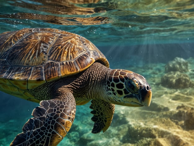 Auf dem Bild schwimmt eine Schildkröte in klarem Wasser, was an einen Urlaub am Meer erinnert. Man könnte sich vorstellen, wie Touristen beim Schnorcheln die Schildkröte entdecken und fasziniert beobachten. Vielleicht genießen einige Menschen eine Bootstour, bei der sie die Möglichkeit haben, diese majestätischen Tiere aus der Nähe zu sehen. Oder Familien könnten am Strand spielen und im Wasser planschen, während sie die Schönheit der marinen Tierwelt erleben.