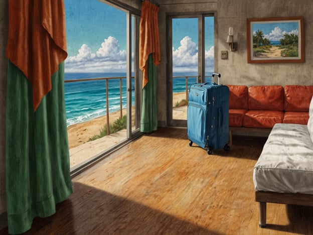 Auf dem Bild ist ein helles Zimmer mit großen Fenstern zu sehen, die auf einen wunderschönen Strandblick zeigen. Ein blauer Koffer steht neben einem orangefarbenen Sofa. Die Fenster sind mit bunten Vorhängen dekoriert, und die Holzfußböden verleihen dem Raum eine warme Atmosphäre. 

Bei der Pflege und Sicherheit während des Urlaubs ist es wichtig, die Unterkunft immer gut im Auge zu behalten. Schließe Fenster und Türen bei Abwesenheit, um Diebstähle zu vermeiden. Verwahre Wertsachen sicher und achte darauf, dass der Raum sauber und ordentlich ist. Genieße die Aussicht, während du auf deine Sicherheit achtest!