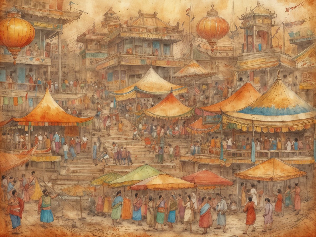 Eine belebte Marktszene in einer historischen Stadt ist zu sehen. Mehrere Stufen führen zwischen bunten Markthütten auf, die mit roten, orangenen und blauen Dächern geschmückt sind. Menschen in traditioneller Kleidung bewegen sich zwischen den Ständen und kaufen ein. Laternen hängen über der Szene, und die Atmosphäre wirkt lebhaft und geschäftig. Eine Vielzahl von Farben und Details deutet auf eine kulturell reiche Umgebung hin, die typisch für asiatische Märkte ist.