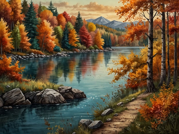 Auf dem Bild ist eine malerische Herbstlandschaft zu sehen, die das Thema „Magische Herbstlandschaften entdecken“ wunderbar verkörpert. Die Bäume sind in prächtigen Herbstfarben wie Rot, Orange und Gelb getaucht, während der See die Farben der Umgebung widerspiegelt. Sanfte Berge sind im Hintergrund zu erkennen, und der Uferbereich ist von Steinen und Gras gesäumt, was eine friedliche und idyllische Atmosphäre schafft. Der Weg, der am Wasser entlangführt, lädt zum Entdecken und Verweilen ein und zeigt die natürliche Schönheit der herbstlichen Landschaft.