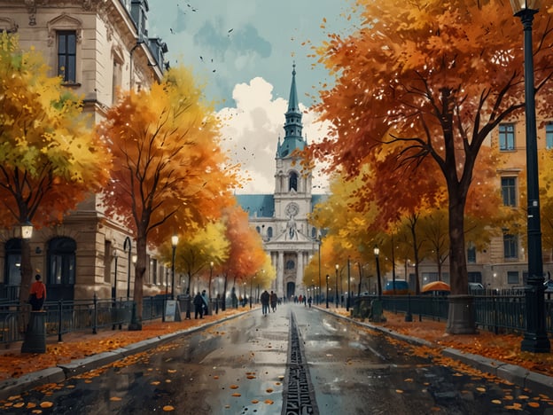 Das Bild zeigt eine malerische herbstliche Szene in einer Stadt Europas, die durch die warmen Farbtöne der Laubblätter geprägt ist. Die Straßen sind gesäumt von leuchtend orangefarbenen und goldenen Bäumen, die im Kontrast zu den historischen Gebäuden stehen. Im Hintergrund ist eine beeindruckende Kirche oder Kathedrale zu sehen, deren Architektur ein Gefühl von Tradition und Geschichte vermittelt.

Herbstliche Städte in Europa verleihen den Straßen und Plätzen eine ganz besondere Atmosphäre. Die kühlen Temperaturen laden zu Spaziergängen ein, während die bunten Blätter ein herrliches Farbspiel bieten. Oft sind Cafés und Märkte geöffnet, wo man lokale Köstlichkeiten genießen kann, während die Stadt in herbstliches Licht getaucht ist. Solche Szenen laden dazu ein, die Schönheit und den Charme der europäischen Städte in dieser Jahreszeit zu erleben.