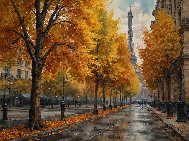 Auf dem Bild sieht man eine malerische Straße in Paris, die von goldenen Herbstbäumen gesäumt ist. Die leuchtend gelben Blätter schaffen eine warme Atmosphäre. Im Hintergrund thront der Eiffelturm, der das ikonische Stadtbild weiter unterstreicht. Die Straße ist offenbar nass, was auf einen kürzlichen Regen hindeutet, und Menschen spazieren in der sanften Lichtstimmung des Herbstes. In dieser Szene entfaltet sich die Schönheit der „Spitzenstadt: Paris im goldenen Herbst“.