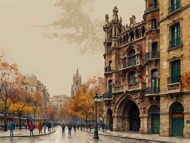 Auf dem Bild ist eine malerische Straßenszene in Barcelona im milden Herbst zu sehen. Die Bäume sind in warmen Herbstfarben gefärbt und schaffen eine einladende Atmosphäre. Der Blick fällt auf beeindruckende Architektur, die mit dekorativen Elementen und Balkonen geschmückt ist. In der Ferne ist ein gotischer Kirchturm zu erkennen, der die historische Seite Barcelonas repräsentiert. Die Straße ist belebt mit Menschen, die gemütlich spazieren gehen und die herbstliche Stimmung genießen. Diese Szenerie spiegelt die kulturellen Highlights Barcelonas wider, die besonders in der Herbstzeit wirken.