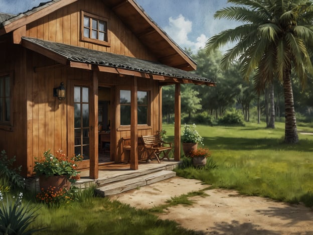 Auf dem Bild ist ein gemütliches Holzhaus zu sehen, das eine einladende Veranda hat. Es steht in einer grünen Umgebung mit Pflanzen und Bäumen, die eine ruhige, ländliche Atmosphäre schaffen. Diese Art von Unterkunft ist ideal für einen erholsamen Aufenthalt in der Natur. Gemütliche Unterkünfte wie diese bieten eine perfekte Möglichkeit, sich zu entspannen und die Schönheit der Umgebung zu genießen.