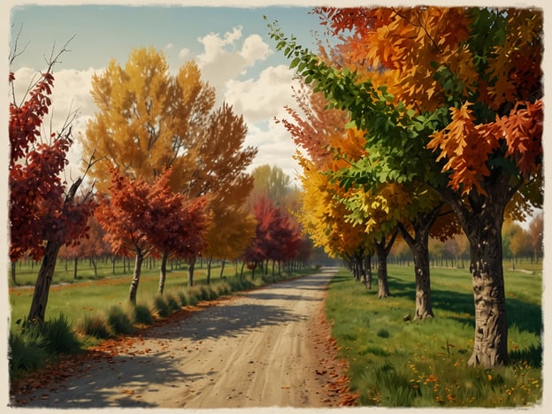 Auf dem Bild sind eine malerische Allee mit Bäumen zu sehen, deren Blätter in leuchtenden Herbstfarben wie Rot, Orange und Gelb leuchten. Ein geschotterter Weg führt durch diese Szenerie, umgeben von saftigem Grün und fallenden Blättern.

Diese Art von herbstlicher Landschaft erinnert an europäische Herbst-Hotspots wie das Val d