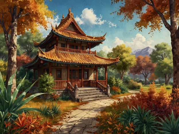 Auf dem Bild sieht man ein malerisches Gebäude im asiatischen Stil, umgeben von einer farbenfrohen herbstlichen Landschaft mit Bäumen in warmen Farben wie Orange und Rot. Diese Szenerie erinnert an exotische Reiseziele, die man im Herbst besuchen könnte, wie Japan mit seinen traditionellen Tempeln inmitten von herbstlichen Wäldern oder die Bergregionen Chinas, die zur Herbstzeit besonders reizvoll sind. Solche Orte bieten eine einzigartige Kombination aus Kultur, Natur und spektakulären Landschaften, die im Herbst besonders beeindruckend sind.