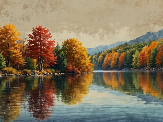 Auf dem Bild ist eine malerische Herbstlandschaft zu sehen. Der ruhige Fluss spiegelt die leuchtenden Farben der Bäume wider, die in verschiedenen Tönen von Gelb, Orange und Rot erstrahlen. Diese Farben sind typisch für den Herbst, wenn die Blätter sich verfärben und die Natur in eine warme Palette von Erdtönen getaucht wird. 

Im Hintergrund erheben sich sanfte Berge, die durch eine sanfte Nebelschicht umhüllt sind, was der Szene eine mystische Atmosphäre verleiht. Diese Art von Naturerlebnis lädt dazu ein, Spaziergänge am Flussufer zu unternehmen, die frische, kühle Luft einzuatmen und die Schönheit der Natur in ihrer vollsten Pracht zu genießen.