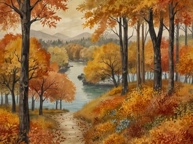 Auf dem Bild sieht man eine malerische Herbstlandschaft, die von warmen Gold- und Rottönen geprägt ist. Die Bäume sind in volle Farbe getaucht, und das sanfte Licht des Herbstes schafft eine beruhigende Atmosphäre. Ein schmaler Weg führt zu einem ruhigen Gewässer, das die umgebenden Farben widerspiegelt. Diese Landschaft lädt zur Entspannung und Erholung ein, ideal für Wellness-Infusionen in der Natur. Der goldene Herbst bietet die perfekte Kulisse für entspannende Spaziergänge oder Kontemplation, während die Blätter sanft im Wind rascheln.