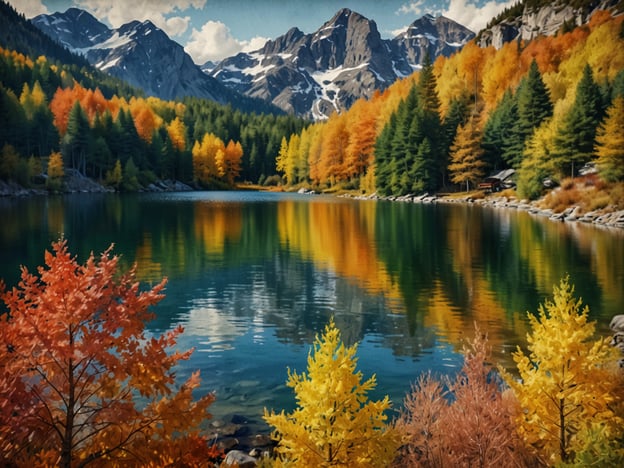 Auf dem Bild ist die Magie des Herbstes in den Alpen zu sehen. Die Landschaft ist geprägt von majestätischen Bergen, die von schneebedeckten Gipfeln dominiert werden. Am Ufer eines glasklaren Sees spiegeln sich die leuchtenden Farben der herbstlichen Bäume – von warmen Orangetönen bis hin zu strahlendem Gelb. Die dichten grünen Nadelbäume bieten einen schönen Kontrast zu den farbenfrohen Laubbäumen und schaffen eine malerische und friedliche Atmosphäre, die die Schönheit der Alpen im Herbst perfekt einfängt.