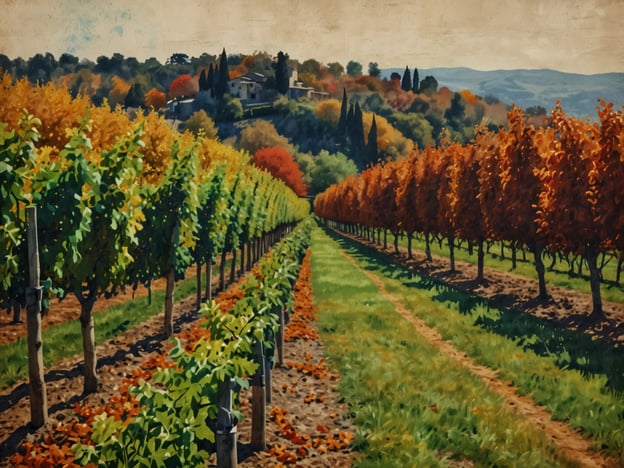 Auf dem Bild ist eine malerische Landschaft mit Weinstöcken und Bäumen zu sehen, die in herbstlichen Farben leuchten. 

Dieses Szenario erinnert an einige der besten Reiseziele im Herbst. Regionen wie die Toskana in Italien sind besonders im Herbst beliebt, wenn die Weinlese beginnt und die Landschaft in warmen Orangetönen erstrahlt. Auch der Napa Valley in Kalifornien zieht viele Besucher an, um die Weinernte und die farbenfrohe Natur zu erleben. Solche Orte bieten nicht nur atemberaubende Aussichten, sondern auch eine Vielzahl von Weintouren und kulinarischen Erlebnissen.