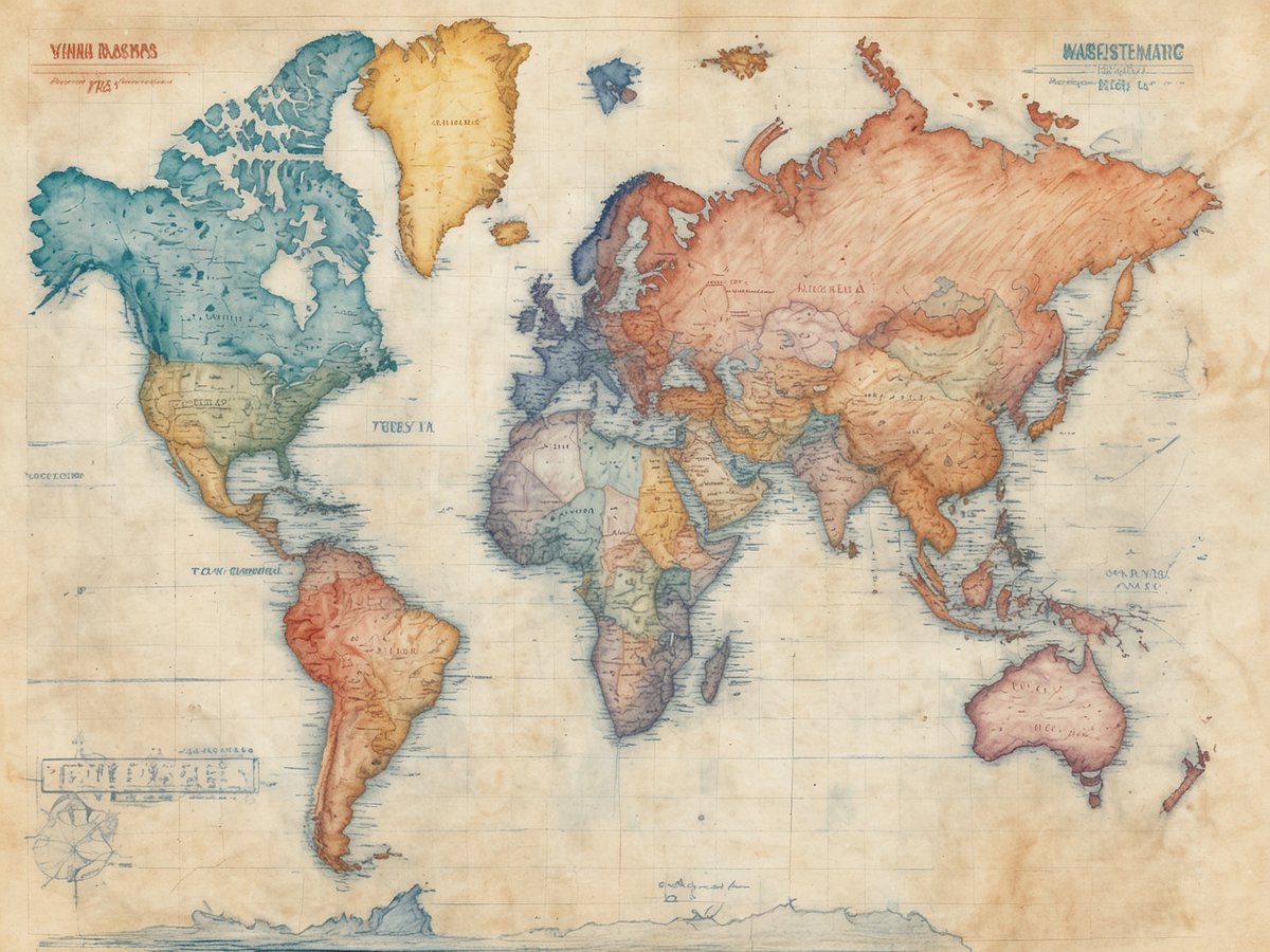 Eine historische Weltkarte mit farbigen Kontinenten. Nordamerika und Südamerika sind in verschiedenen Erdtönen dargestellt. Europa und Asien sind ebenfalls farbig hervorgehoben, während Afrika warmen Rottönen zeigt. Australien ist im Südosten abgebildet. Die Karte hat einen alten, handgezeichneten Stil mit zum Teil verwittertem Papier und ist mit geografischen Namen versehen. Oben links und oben rechts sind Beschriftungen in alter Schriftart zu sehen.