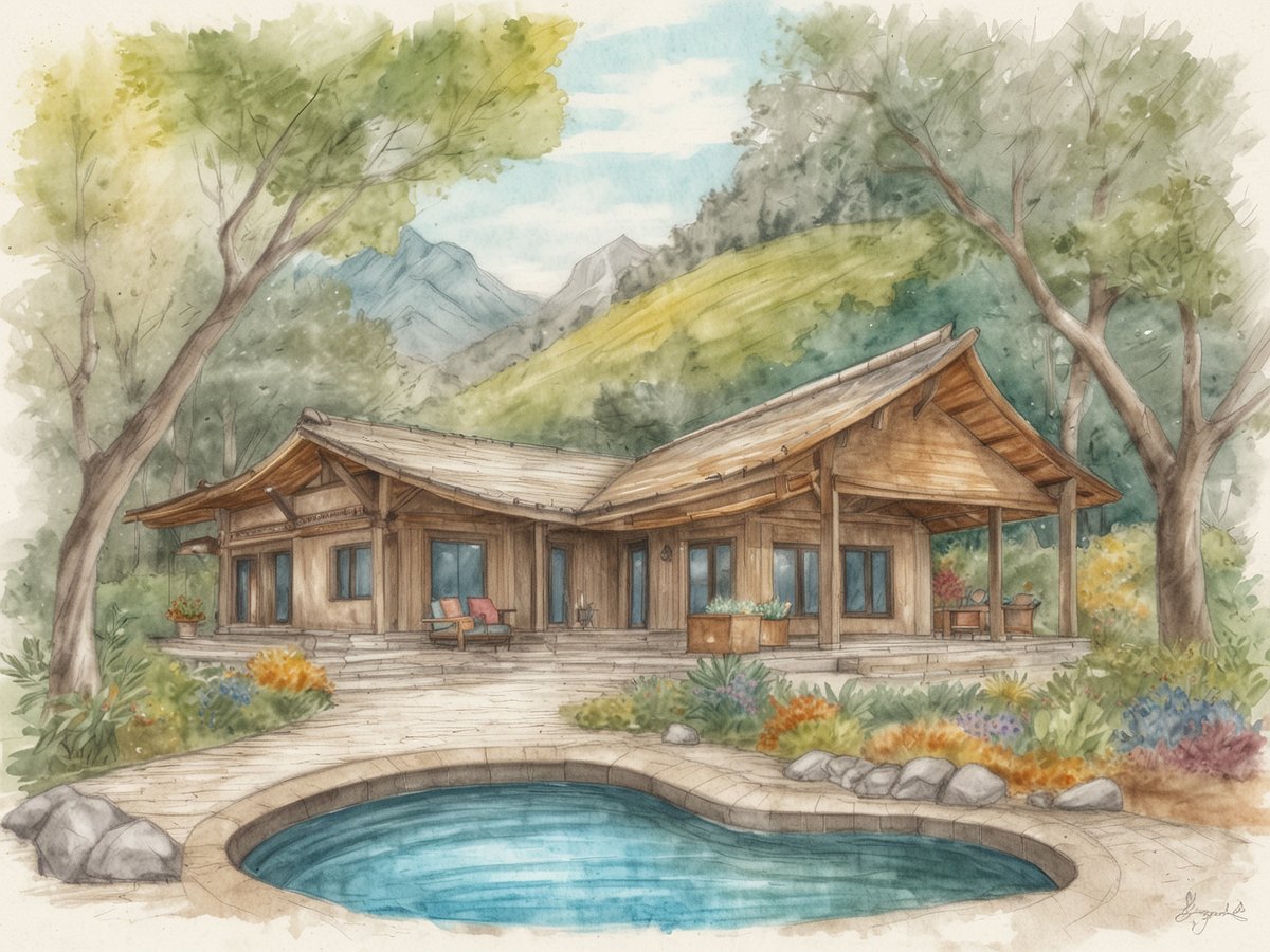 Ein stilvolles Wellnesshaus in der Natur mit einem Pool im Vordergrund und umgeben von bunten Blumen und Bäumen. Die Architektur ist modern mit einem charmanten, überdachten Eingang. Im Hintergrund sind sanfte Hügel und Berge zu sehen, die eine friedliche Atmosphäre schaffen. Das gesamte Bild strahlt Ruhe und Entspannung aus, ideal für eine Wellness-Oase.