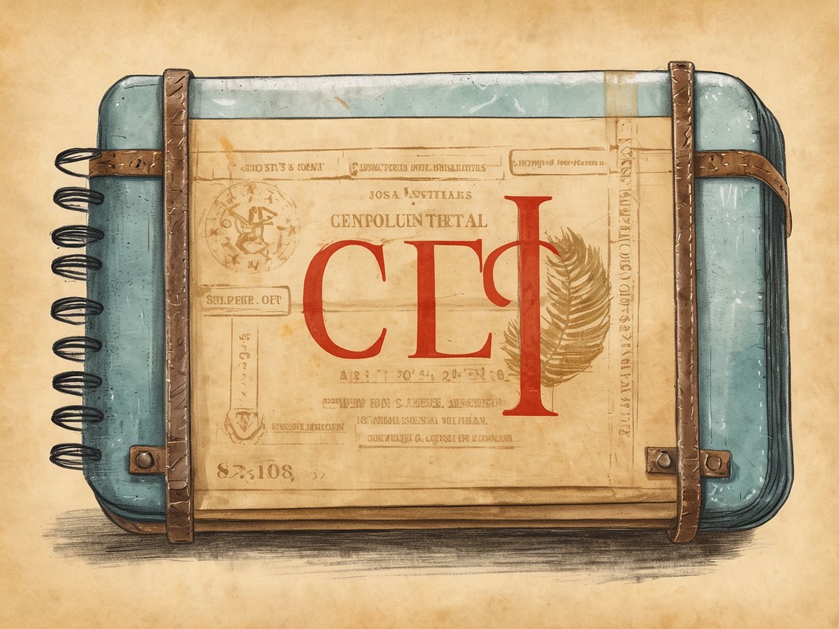 Ein blaues Notizbuch mit einer spiralförmigen Bindung liegt auf einem beige-braunen Hintergrund. Auf dem Deckel ist ein beige Blatt Papier befestigt, das mit verschiedenen Schriftzügen und einem großen roten Buchstaben C verziert ist. Der große Buchstabe wird von einer stilisierten Pflanzenillustration begleitet. Der Rand des Notizbuchs ist mit braunen Lederstreifen verstärkt. Das gesamte Bild hat einen nostalgischen und handgefertigten Eindruck.