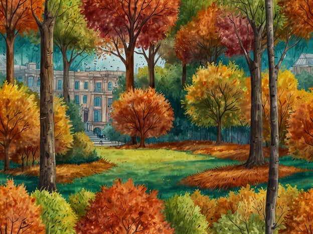 Auf dem Bild ist eine malerische Herbstlandschaft zu sehen. Die Bäume sind in kräftigen Farben wie Rot, Orange und Gelb gefärbt, was die Magie des Herbstes in Städten wunderbar einfängt. Im Hintergrund erkennt man ein Gebäude, das von der bunten Natur umgeben ist. Die herabgefallenen Blätter auf dem Boden und das sanfte Licht schaffen eine gemütliche, einladende Atmosphäre, die zu Spaziergängen und zum Genießen der herbstlichen Schönheit einlädt.