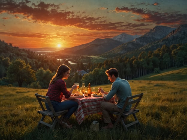 Auf dem Bild ist ein romantisches Picknick bei Sonnenuntergang zu sehen. Verliebte Paare könnten solch einen Moment genießen, indem sie gemeinsam in der Natur eine Mahlzeit teilen, umgeben von einer malerischen Landschaft. Diese besondere Aktivität bietet die Möglichkeit, in einer entspannten Atmosphäre miteinander zu sprechen, die gemeinsame Zeit zu schätzen und einfach das Zusammensein zu genießen. Ein Picknick mit leckeren Snacks und Getränken, während die Sonne langsam untergeht, schafft eine unvergessliche Kulisse für romantische Erinnerungen.