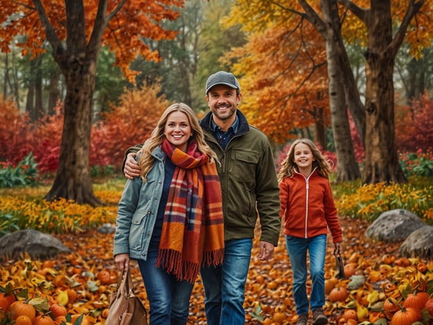 Auf dem Bild sind eine Familie in einer herbstlichen Landschaft zu sehen, umgeben von bunten Blättern und Kürbissen. Beliebte Reiseziele für Familien im Herbst könnten unter anderem die bunten Wälder des New England in den USA, wo man die Herbstfarben in voller Pracht erleben kann, oder die vielen Kürbisfeste in Orten wie Salem, Massachusetts sein. Auch ein Besuch bei den zahlreichen Apfelplantagen in der Region ist ein tolles Erlebnis für Familien. In Deutschland sind Ziele wie der Schwarzwald oder die bayerischen Alpen ideal, um die Schönheit der Natur im Herbst zu genießen.