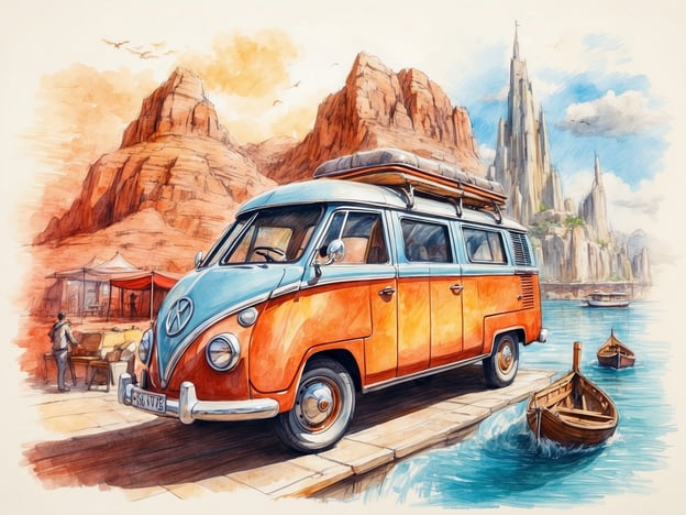 Auf dem Bild ist ein nostalgischer Volkswagen-Bus zu sehen, der auf einem Steg am Wasser steht. Die Umgebung ist geprägt von beeindruckenden Felsen und einer malerischen Landschaft im Hintergrund, die den Besuchern ein einzigartiges Erlebnis bietet. Die Szene vermittelt ein Gefühl von Abenteuer und Erkundung, ideal für Reisende, die Attraktionen in der Natur genießen möchten. In der Nähe sind weitere Elemente wie Boote und eine artifizielle Marktszene, die das Gesamtbild bereichern und zusätzliche Besuchererlebnisse ermöglichen.